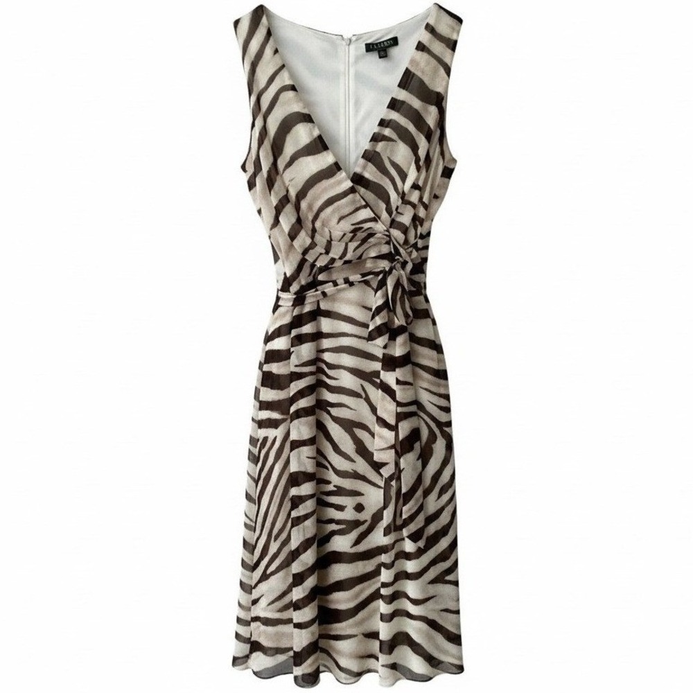 Lauren Ralph Lauren Zebra Print Faux Wrap Dress Cream Brown 12P Sleeveless NWT